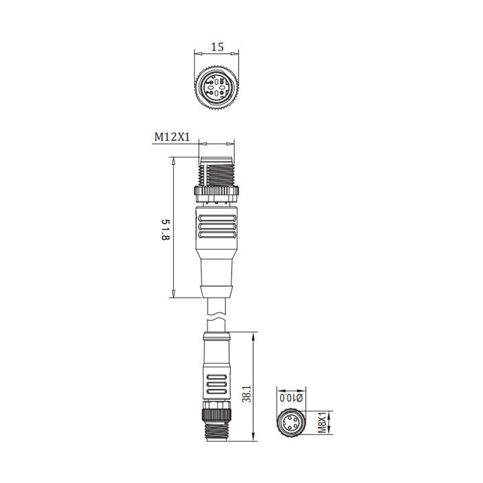 M8 4Pin male/M12 4Pin male (D-coded)、Dual end molding PUR shield flexible cable、EtherCat network cable、Green sheath、0C3063-xxx